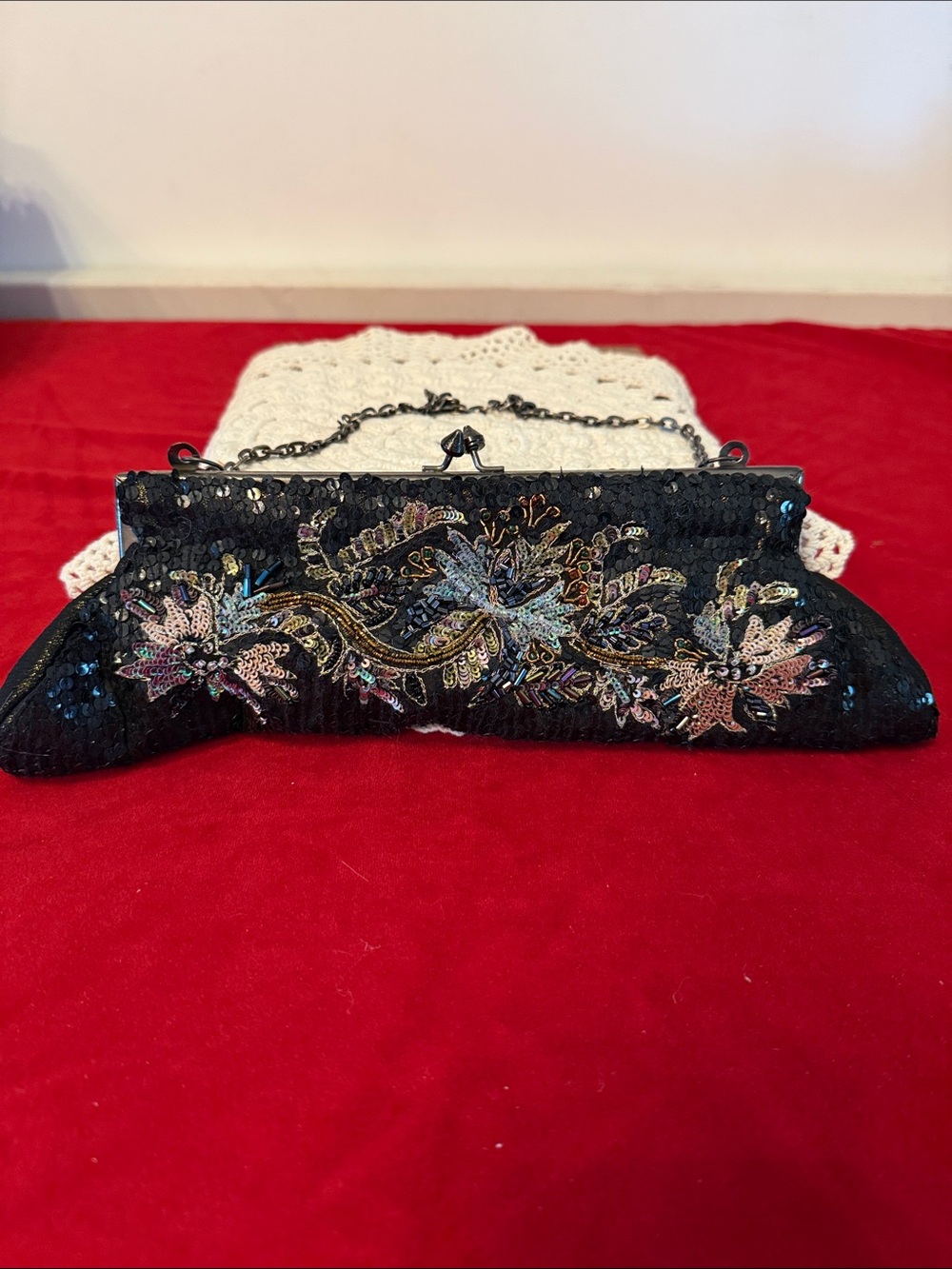 White House Black Market Black Sequin Embroidered Evening Clutch